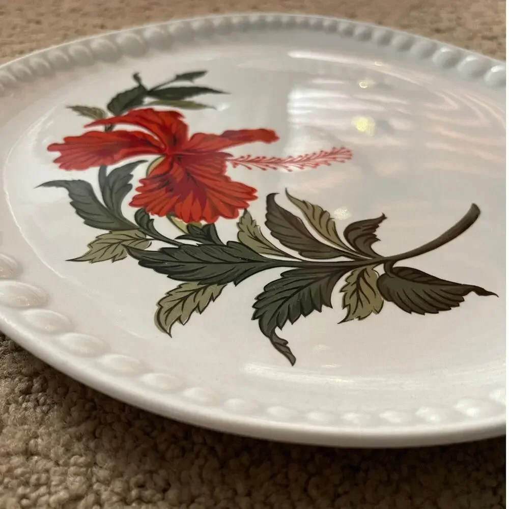 Crooksville China Company Vintage Set of Two Flamingo Red Hibiscus Dinner Plates